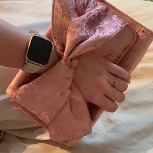 NWOT Anthropologie pink Velvet Bow Clutch with brass crossbody chain strap